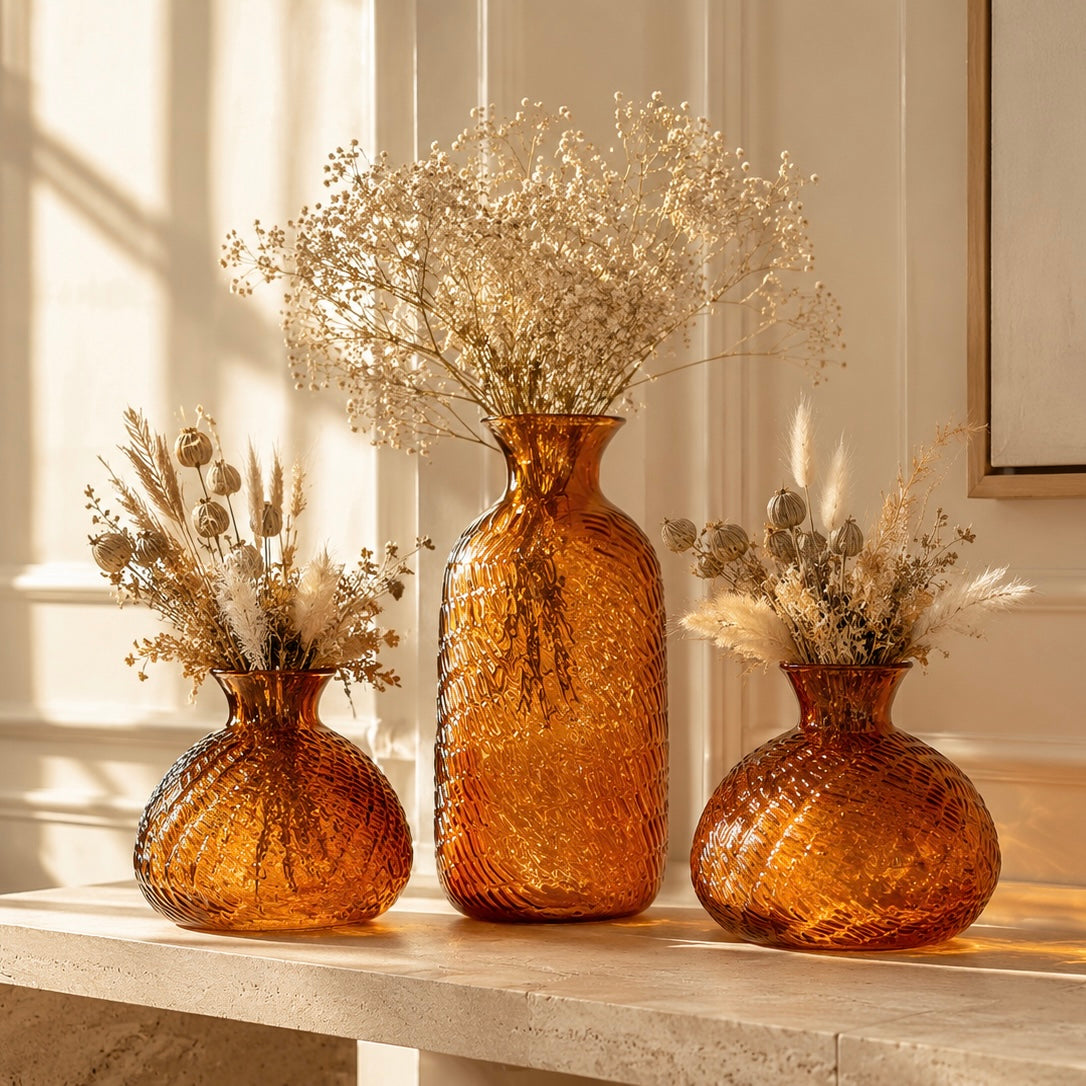 Ambra Ribbed Glass Vase Trio — Set of 3