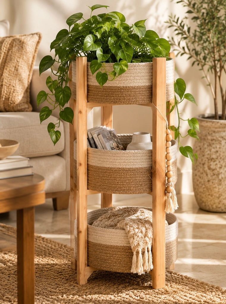 Three-Tier Woven Basket Stand