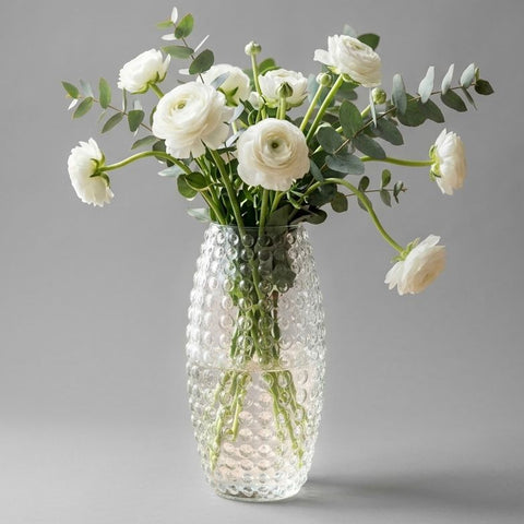 Serrana Glass Elora Beaded Glass Vase 26cm — bubble-textured hourglass clear glass for loose airy floral arrangements