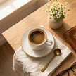 Serrana Glass Speckled Ribbed Coffee Cup Saucer Set 6pc — white ribbed ceramic with gold rim and saucer for espresso