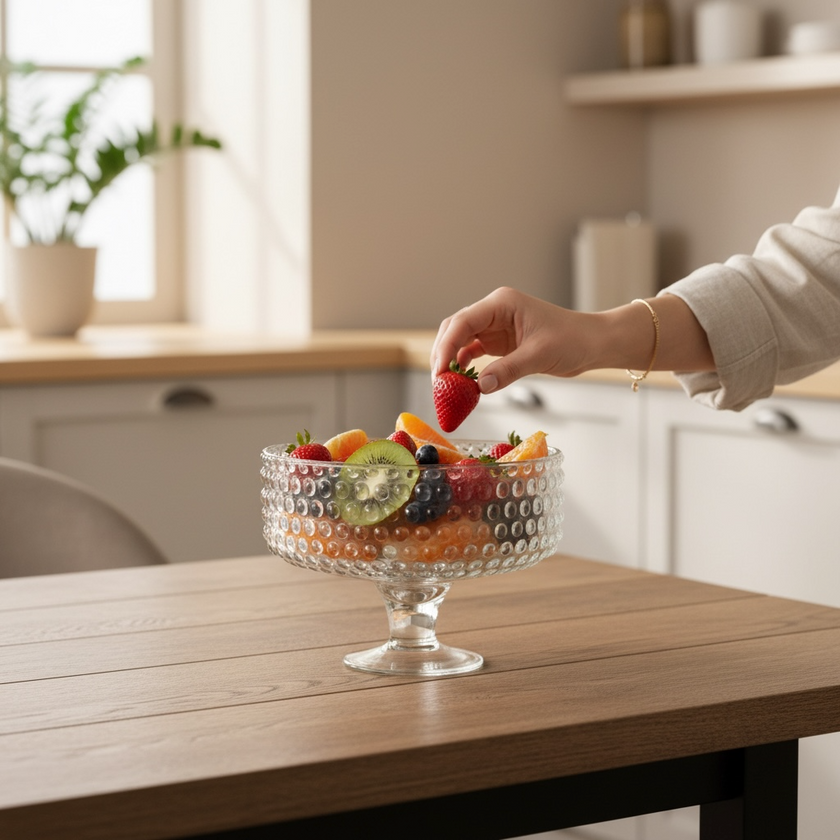 Serrana Glass Bubbly plate 24cm — footed bubble-textured clear glass plate, 24cm, for desserts fruits and pastries