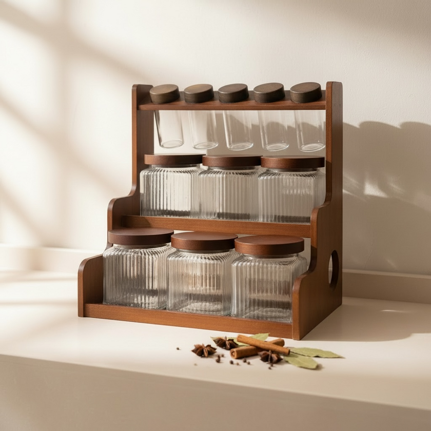 Serrana Glass Artisan Tiered Glass Spice Gallery 12pcs — tiered wood and fluted glass jars for spices seeds and powders