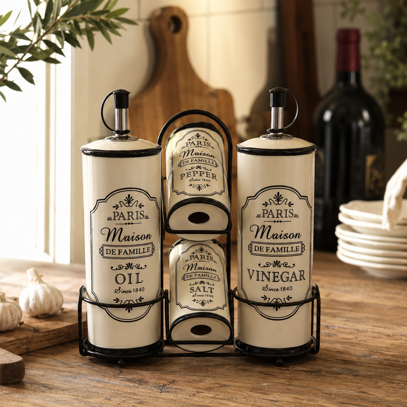Ada Ceramic Condiment Caddy Set – Oil, Vinegar, Salt & Pepper