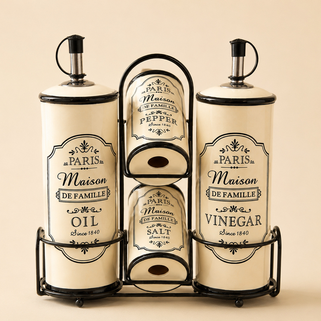 Ada Ceramic Condiment Caddy Set – Oil, Vinegar, Salt & Pepper