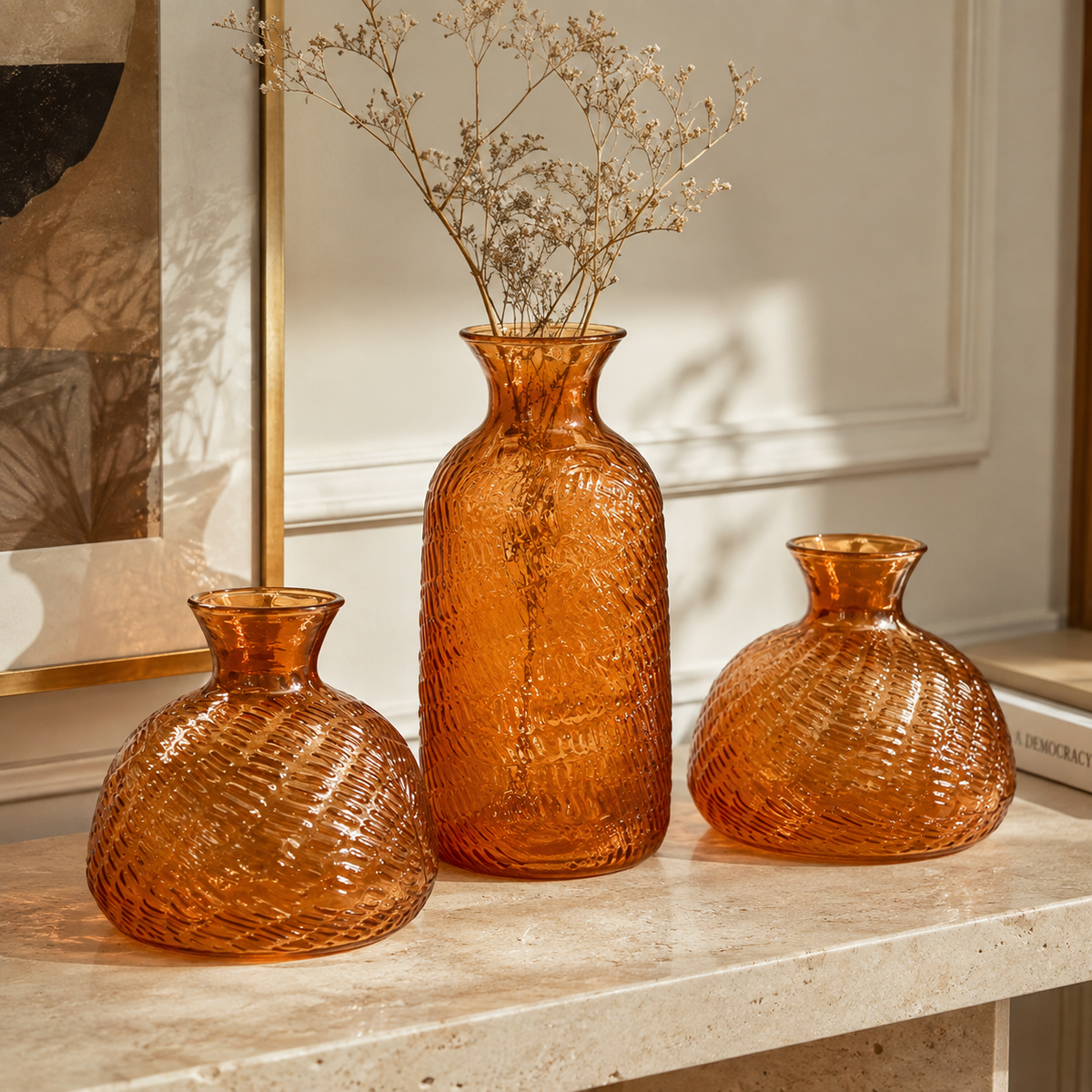 Ambra Ribbed Glass Vase Trio — Set of 3