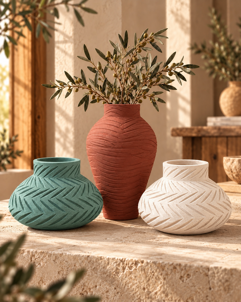 Chevron Carved Pottery Vase Set