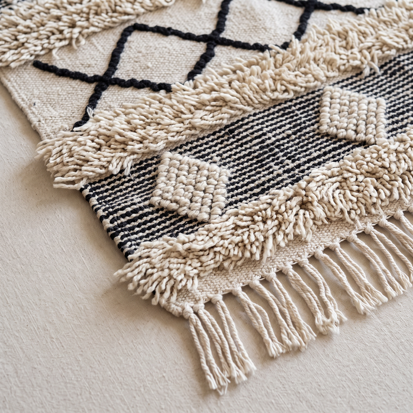 Off-White & Black Handmade Kilim Rug – 150 × 200 cm – S343 — woven texture close-up