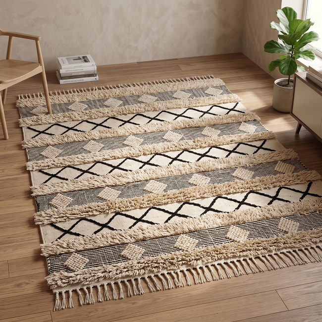 Off-White & Black Handmade Kilim Rug – 150 × 200 cm – S343 — lifestyle photo