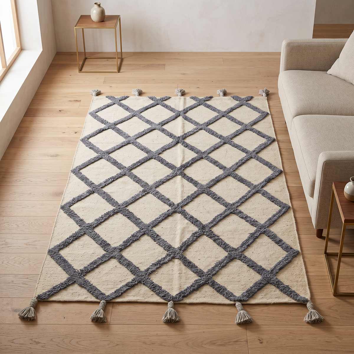 Off-White & Grey Handmade Kilim Rug – 150 × 200 cm – S345 — lifestyle photo