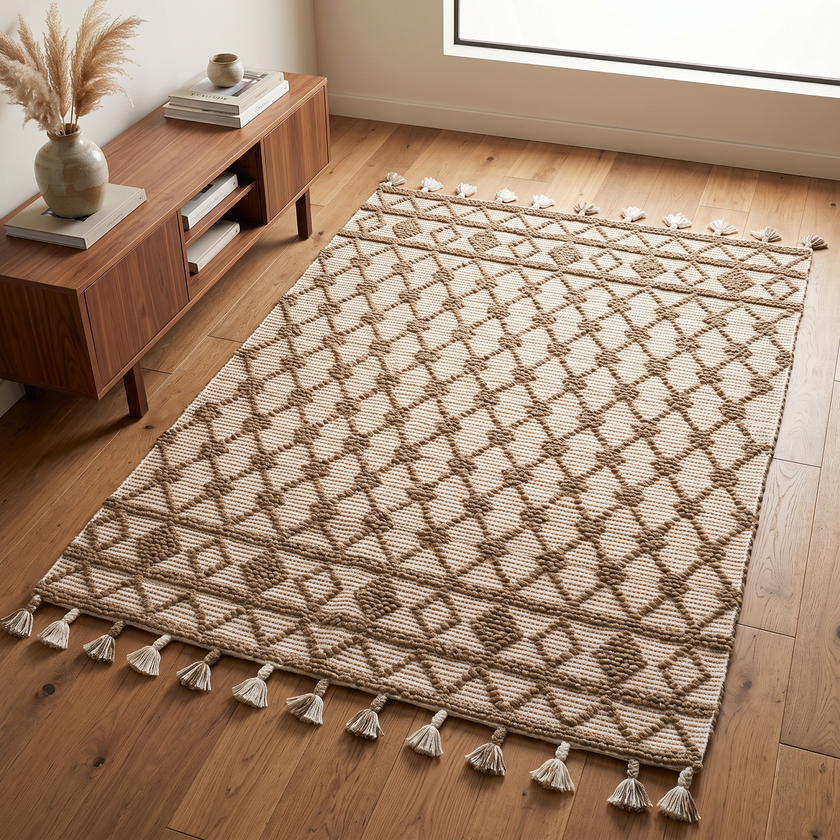 Off-White & Dark Beige Handmade Kilim Rug – 150 × 200 cm – S352 — lifestyle photo