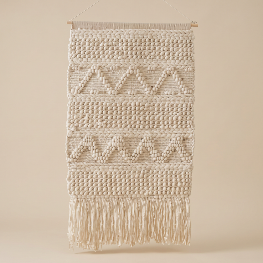 Off-White Handmade Kilim Wall Hanging – 60 × 100 cm – S400 — light beige studio photo