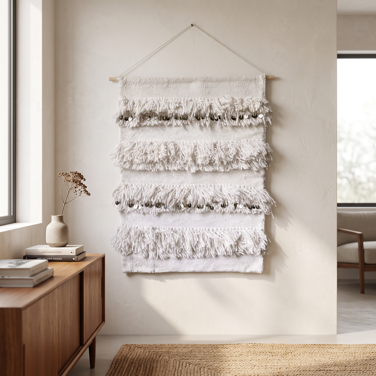 Off-White Handmade Kilim Wall Hanging – 60 × 100 cm – S402 — lifestyle photo