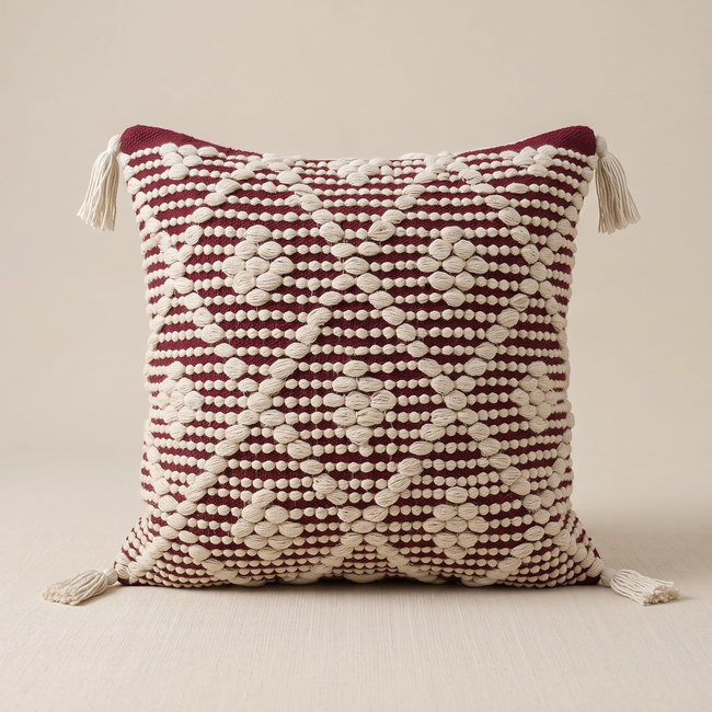 S526 white and burgundy handmade cushion on a light beige studio background