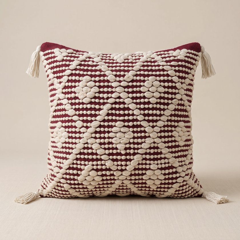 S526 white and burgundy handmade cushion on a light beige studio background