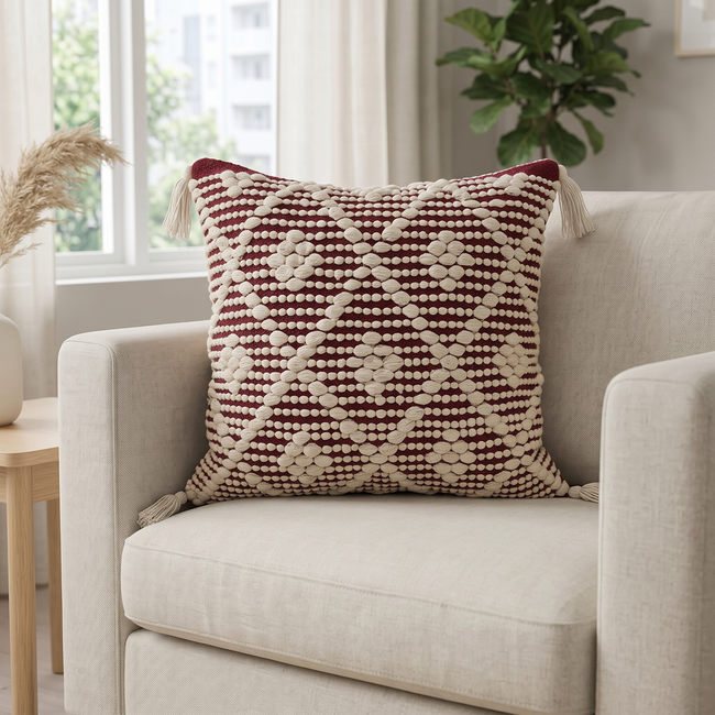 S526 white and burgundy handmade cushion lifestyle photo