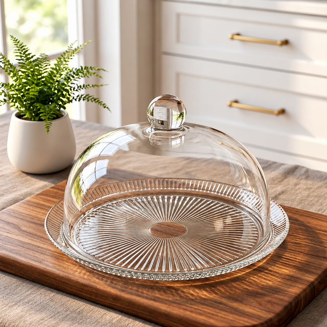 Tarta clear glass cake plate and dome cover on a wooden serving board, 4K lifestyle photograph