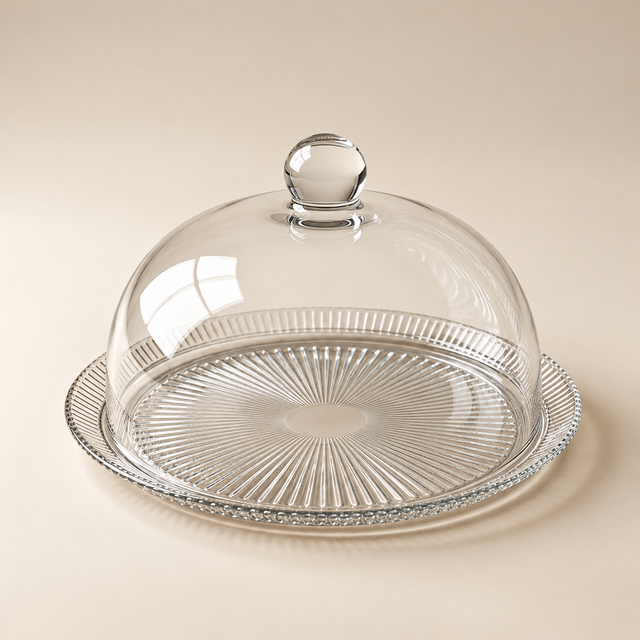 Tarta 33cm clear glass cake plate and dome cover, 4K beige studio photo