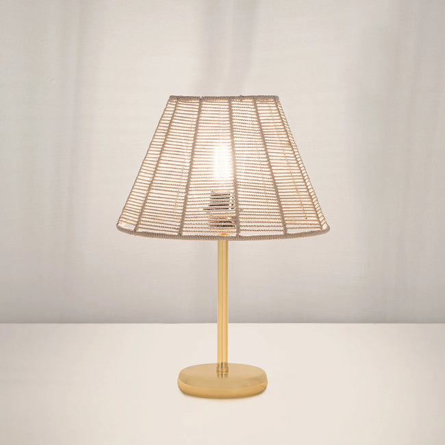 Makrami Boho Table Lamp 030 with gold-tone base and handwoven shade on a white background