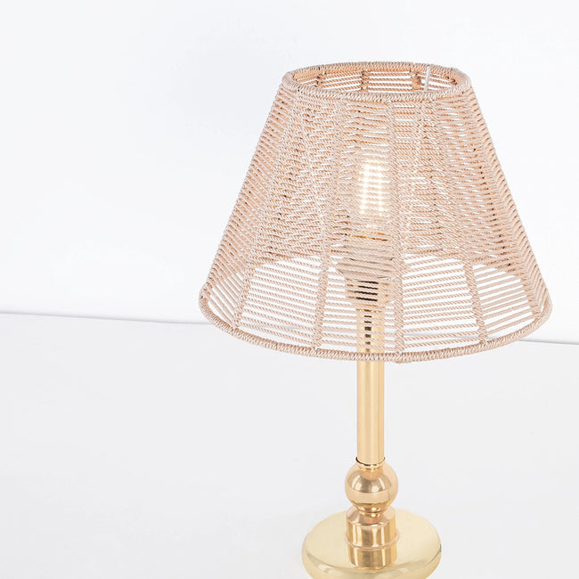 Makrami Boho Table Lamp 030 showing slim gold-tone metal base and a handwoven macramé shade – view 2