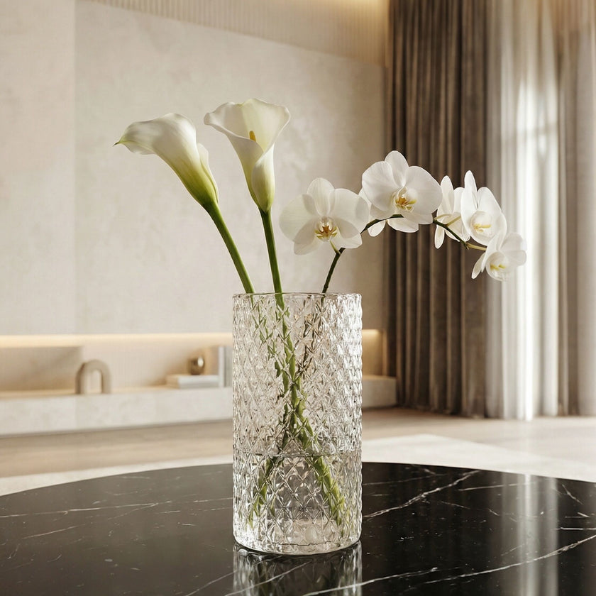 Serrana Glass Cil handmade vase 20x10cm — cylindrical bubble-texture handmade glass for long-stem flowers and decor