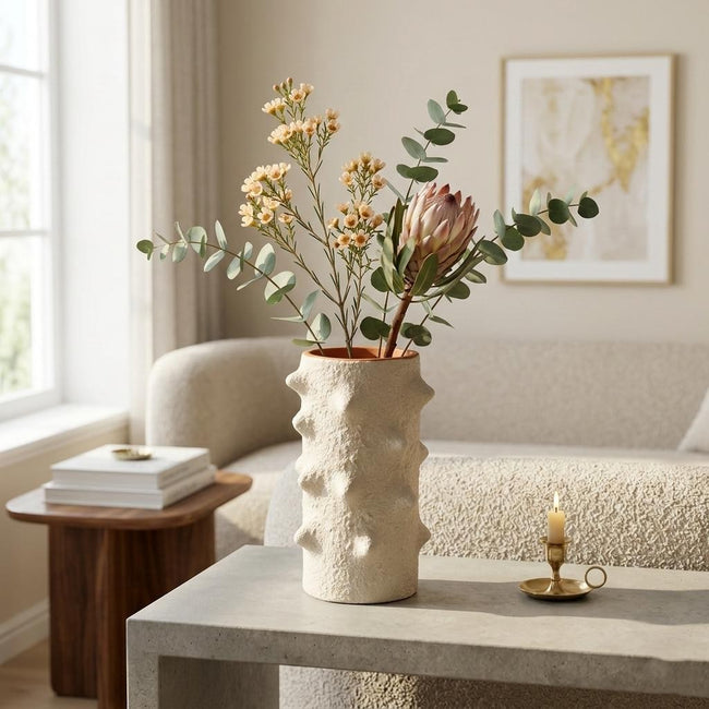 Serrana Glass Sculptural Studded Texture Vase Off-White — off-white studded pottery for dried botanicals and art display