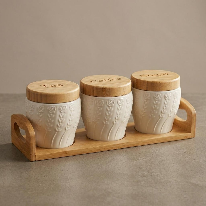 Serrana Glass The Rose Morning Set 3pcs — floral-embossed ceramic canisters with bamboo accents for coffee station