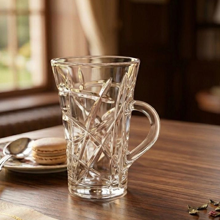 Serrana Glass Fiona Tea Mug Set 6Pcs — sunburst-pattern pressed glass mug with curved handle for hot and cold beverages