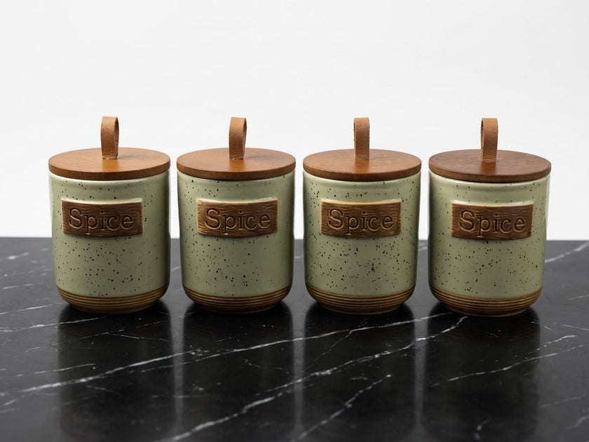 Ceramic Spice Jar Set of 4 – with Wooden Lid