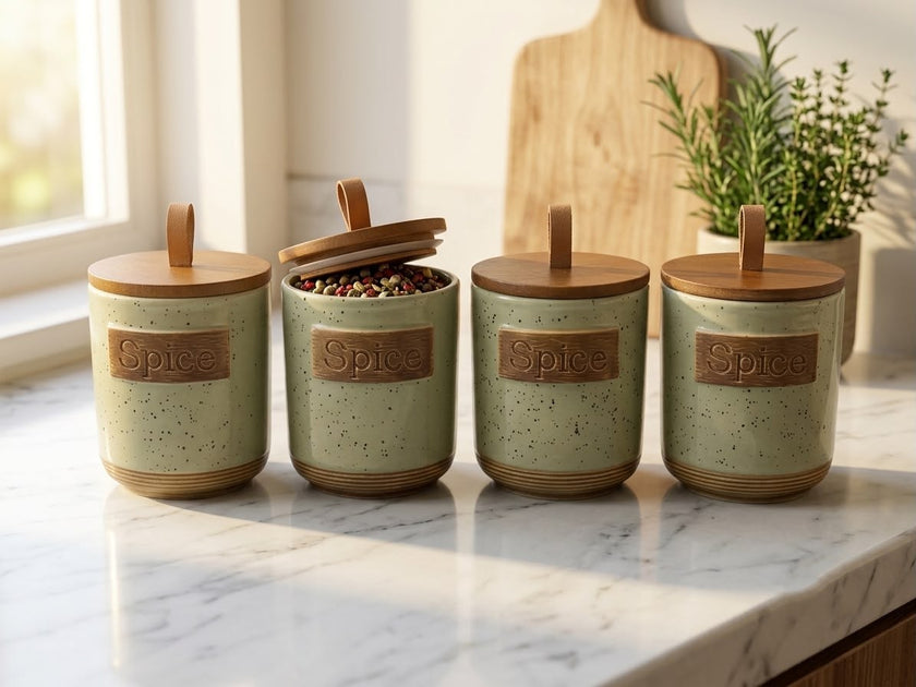 Ceramic Spice Jar Set of 4 – with Wooden Lid