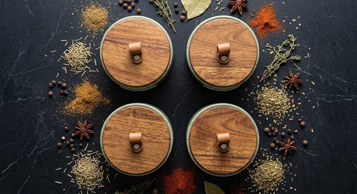 Ceramic Spice Jar Set of 4 – with Wooden Lid
