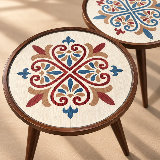 Close-up of Arabesque natural wood veneer tabletop pattern and dark wooden rim