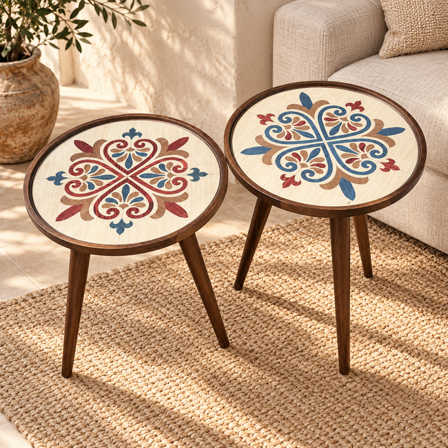 Arabesque handcrafted wooden corner tables, set of two, in a warm living room