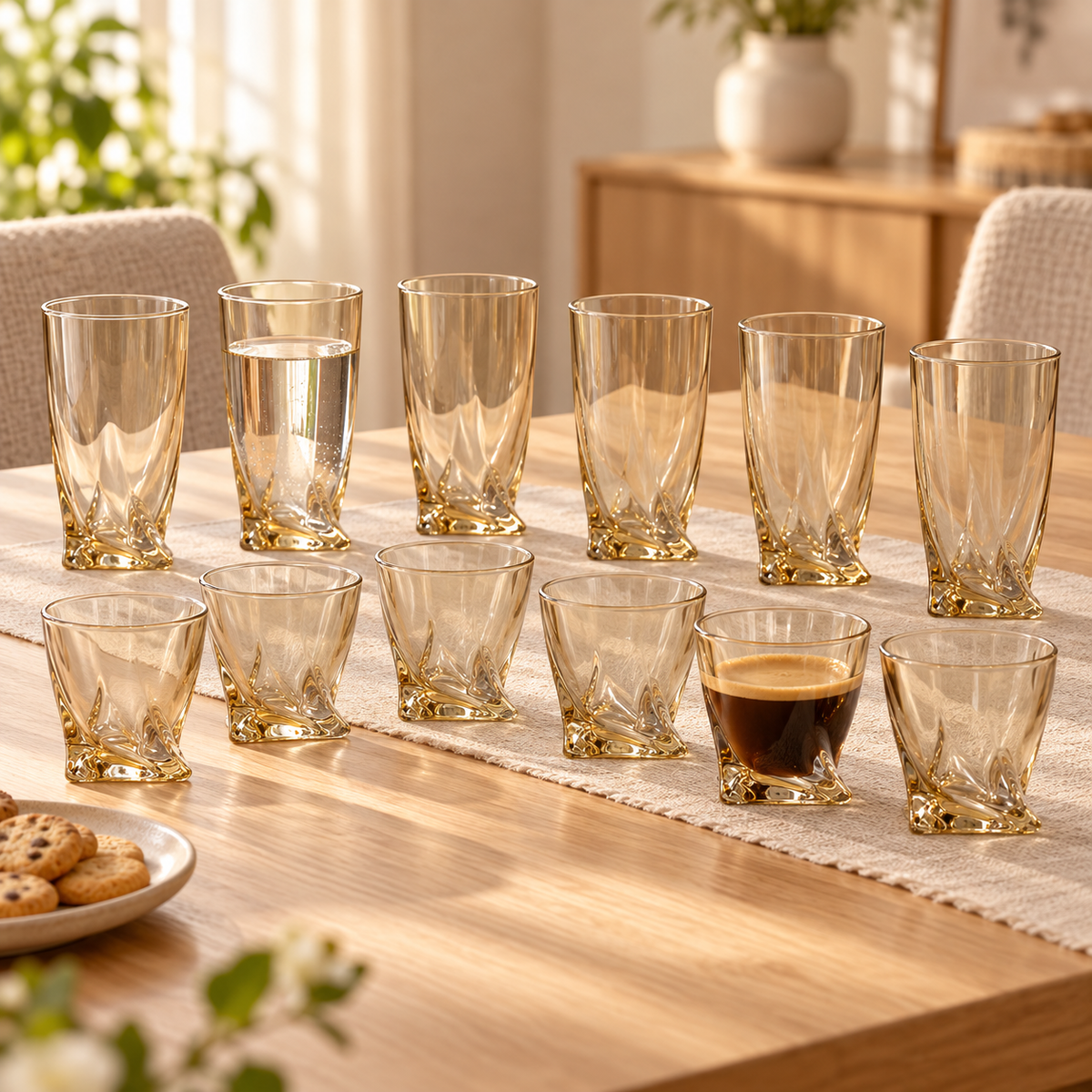 Aurelia set of six tall tumblers and six small amber glasses styled on a dining table