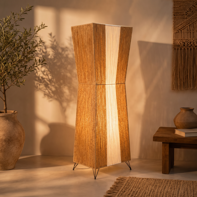Burlap Boho Floor Lamp 026 styled in an interior