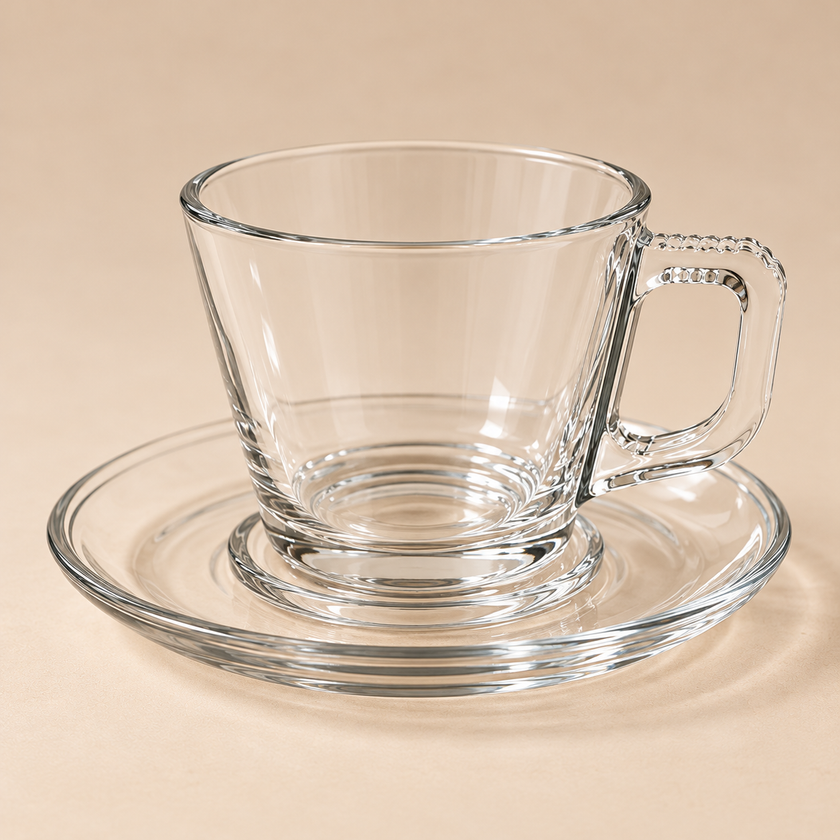 Clear glass coffee cup and saucer on beige studio background