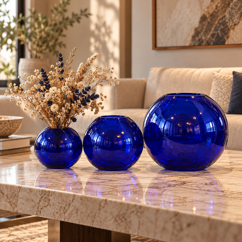 Lifestyle photo zoomed out to show three cobalt-blue spherical glass vases, with dried flowers in the smallest vase