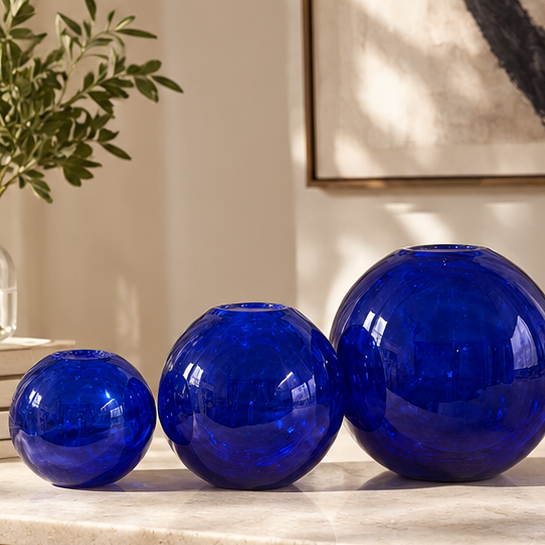 Lifestyle photo of three neckless handcrafted cobalt-blue spherical glass vases, graduated small to large