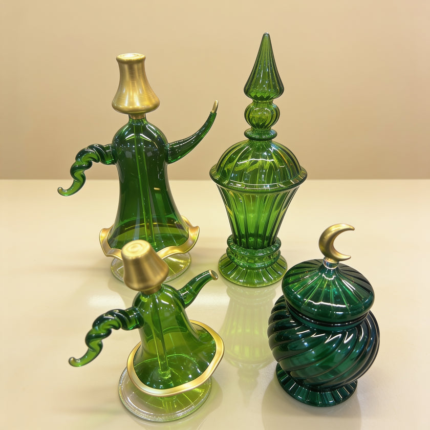 Close-up view showing handcrafted emerald glass ribbing and gold ornaments