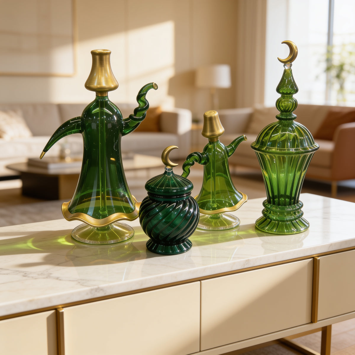 Lifestyle product image of green handcrafted glass decor pieces without the gold serving tray