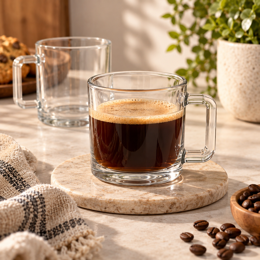 Clear glass coffee mug lifestyle photo
