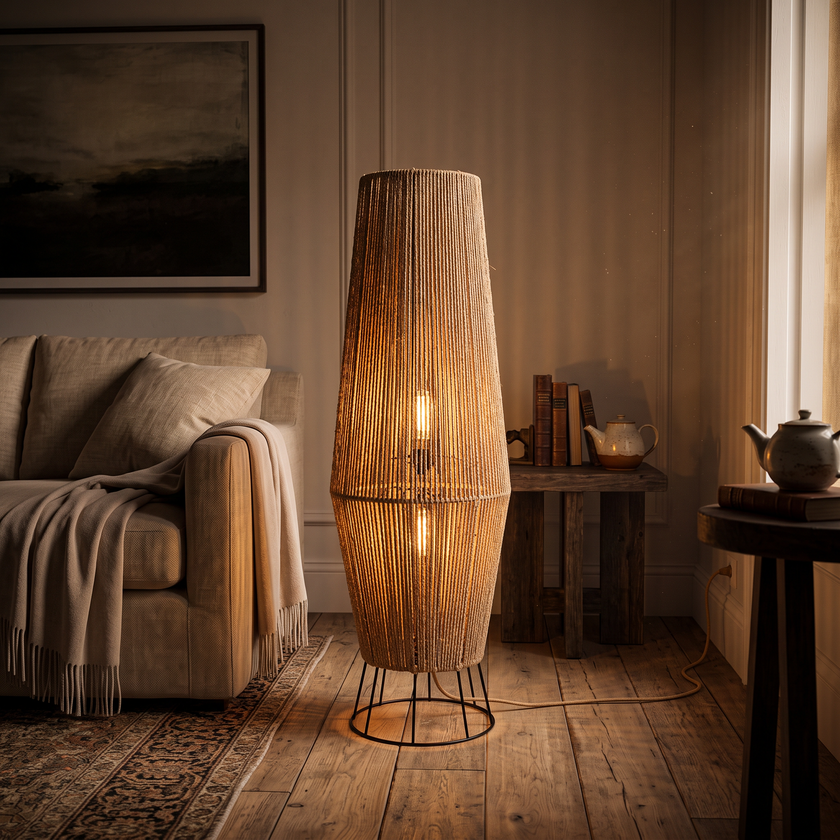Burlap Boho Floor Lamp 003 lifestyle image | Serrana Home
