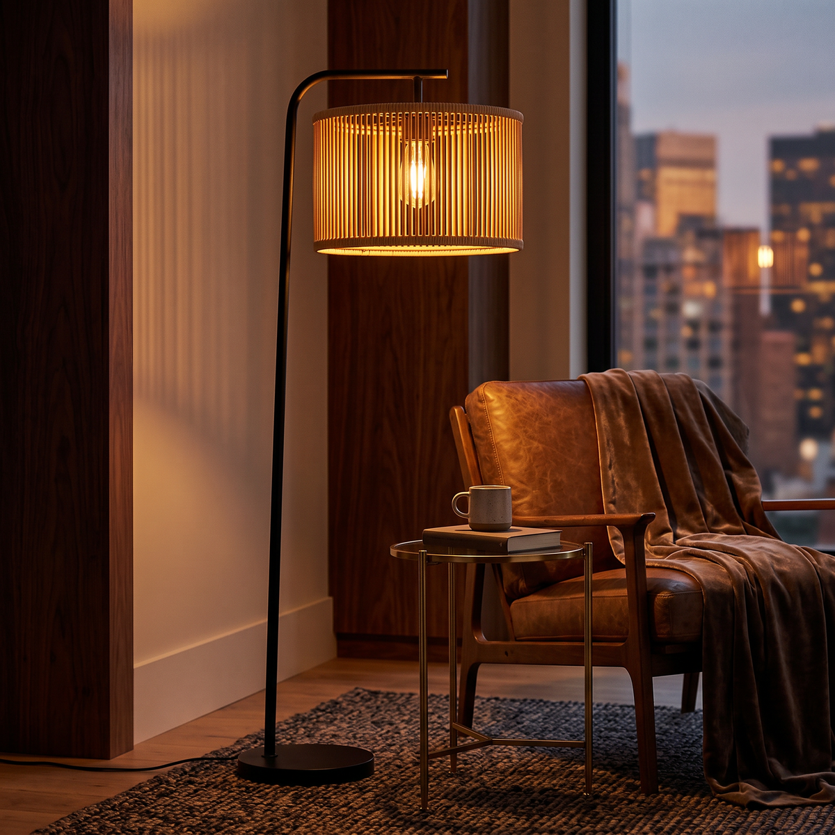 Burlap Boho Floor Lamp 010 styled in an interior