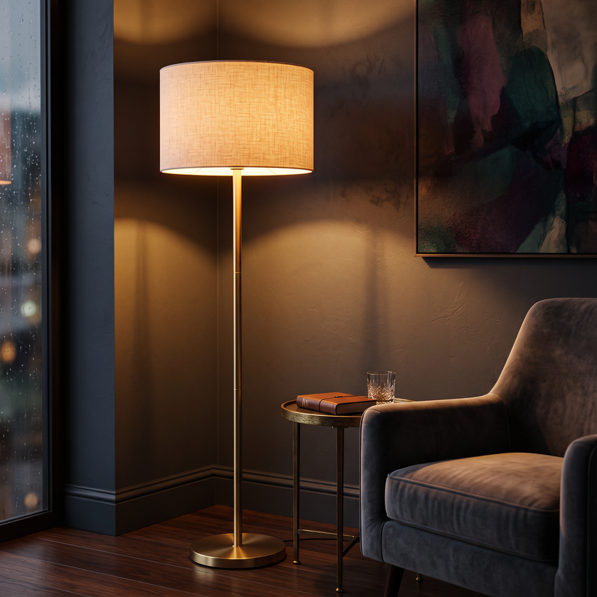 Modern Floor Lamp 037 showing slim gold-tone metal stem, round base and cylindrical fabric shade – view 3