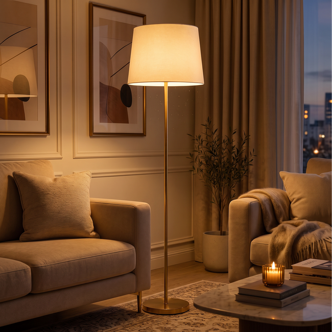 Modern Floor Lamp 202 with slim gold-tone stand and tapered fabric shade in a living room