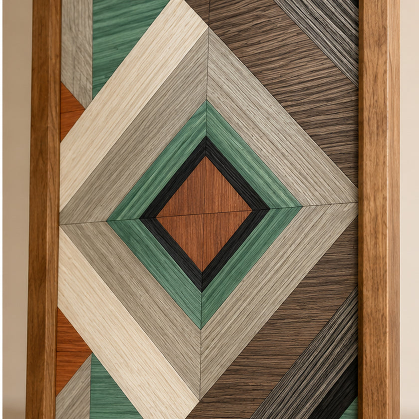Close up of geometric natural wood veneer detailing