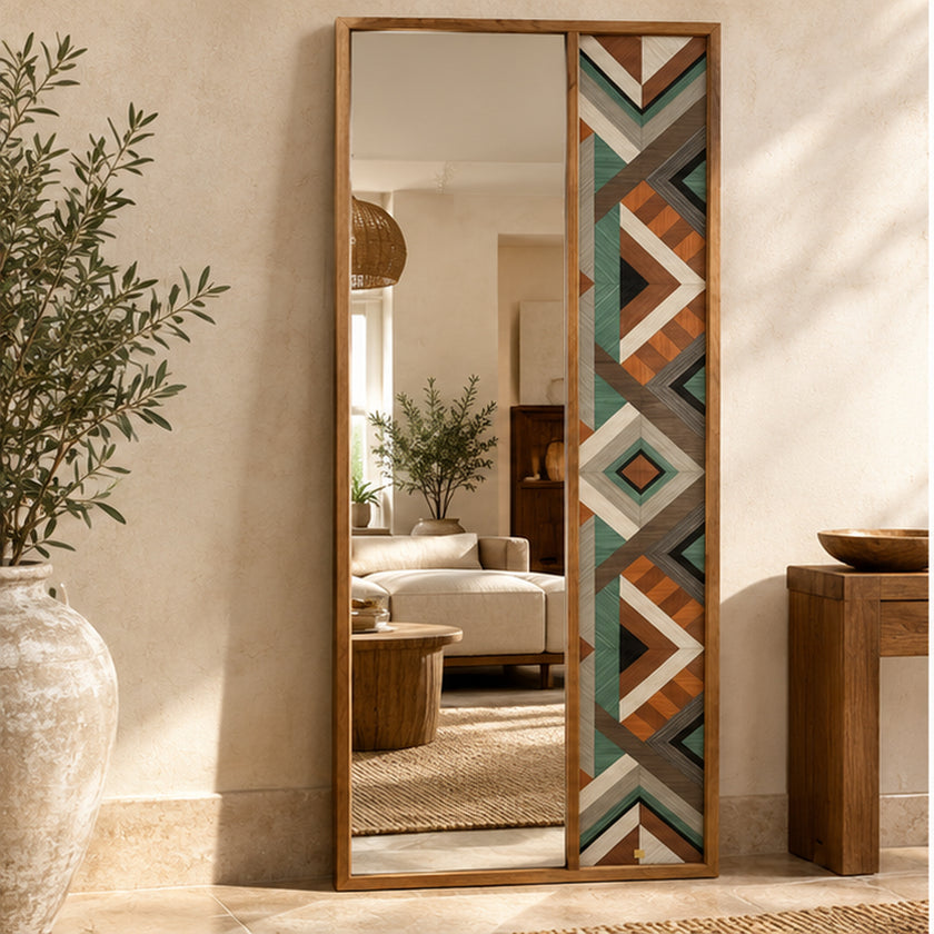 Geometric wood mirror in a warm living room