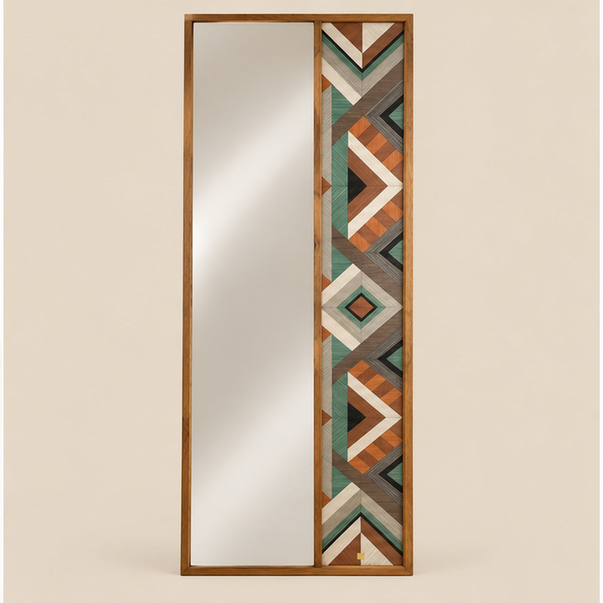 Geometric wood mirror studio product view