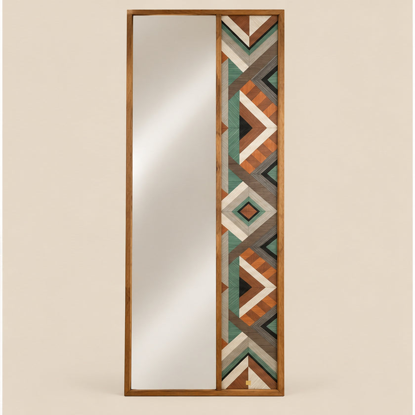 Geometric wood mirror studio product view