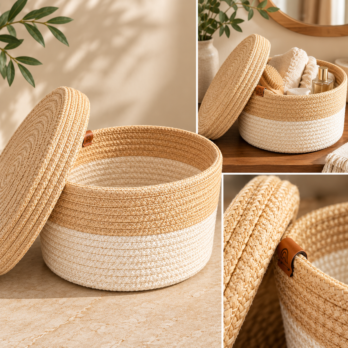 Handmade two-tone woven basket full-frame lifestyle square image