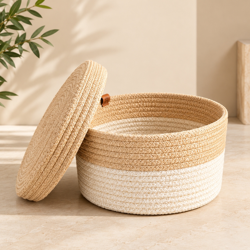 Handmade two-tone woven basket full-frame square studio image